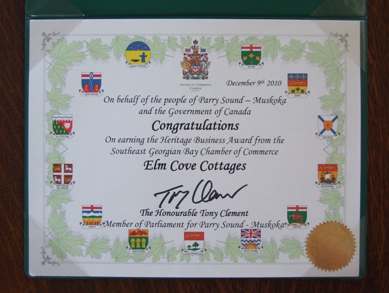 Member of Parliament for Parry Sound - Muskoka, Tony Clement, offers congratulations to Elm Cove Cottages